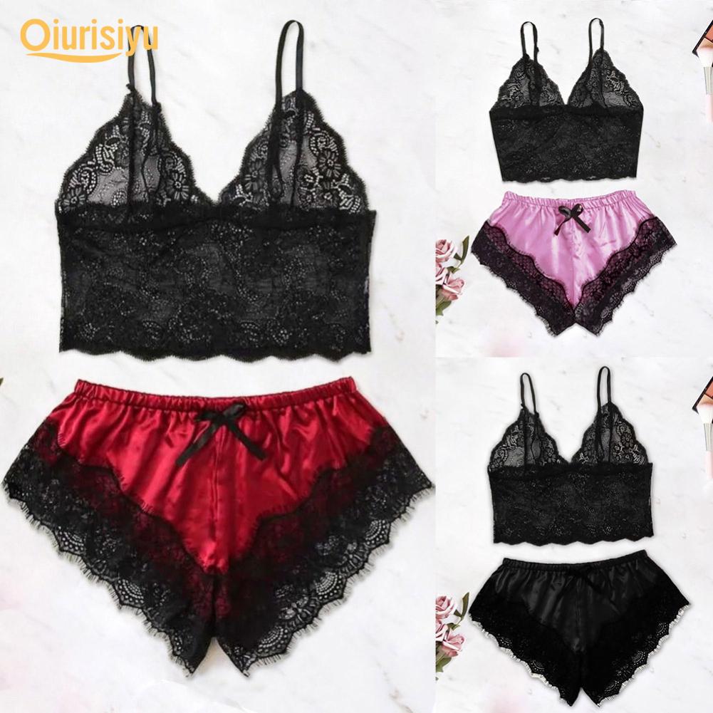 Women Sexy Lace See Through Sleepwear Set