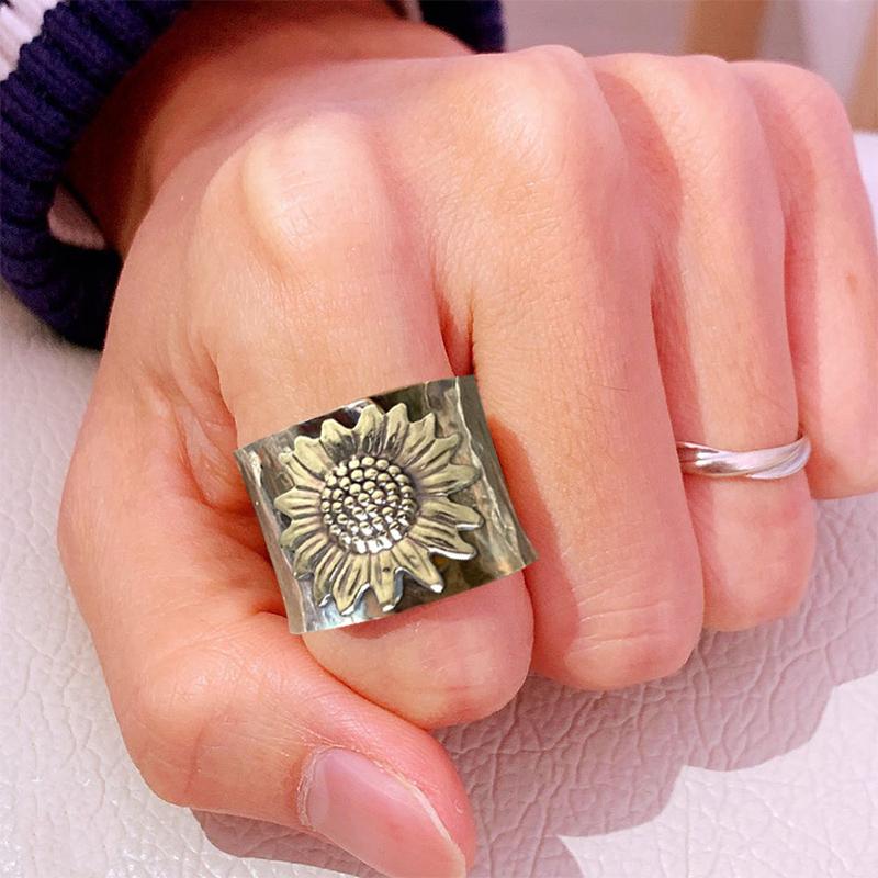 Golden Sunflower Wide Band Silver Ring