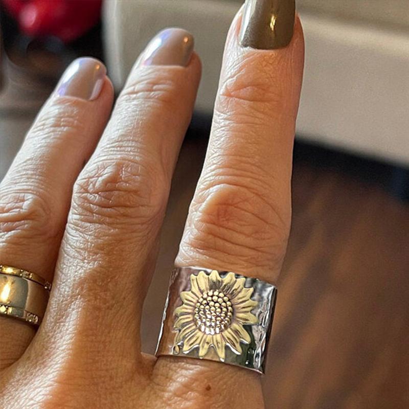 Golden Sunflower Wide Band Silver Ring