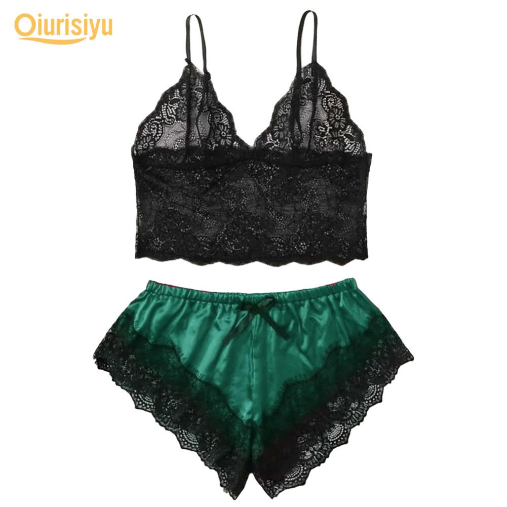 Women Sexy Lace See Through Sleepwear Set