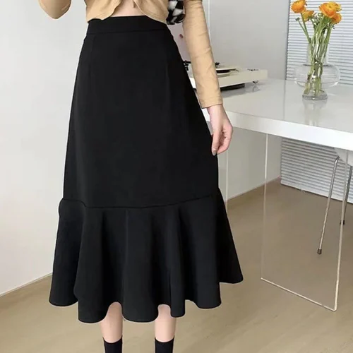 Black Mermaid Skirt  High Waist Slim  Autumn and Winter High Tube Medium Length A-Line Ruffles