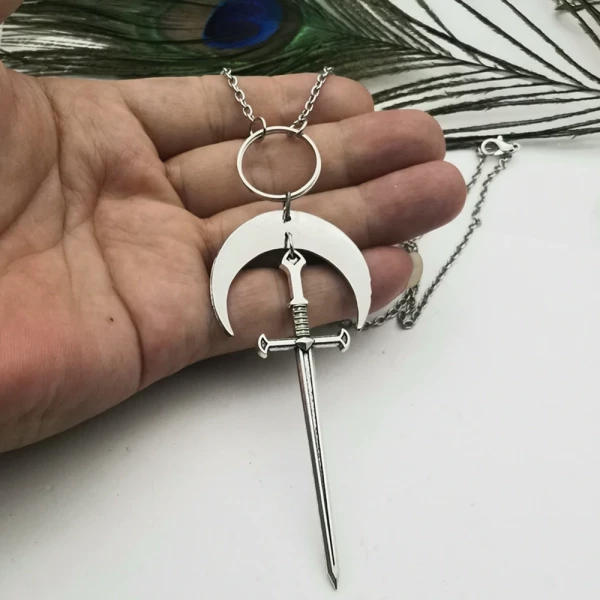 Zinc Alloy Silver Sword Pendant Necklace With Crescent