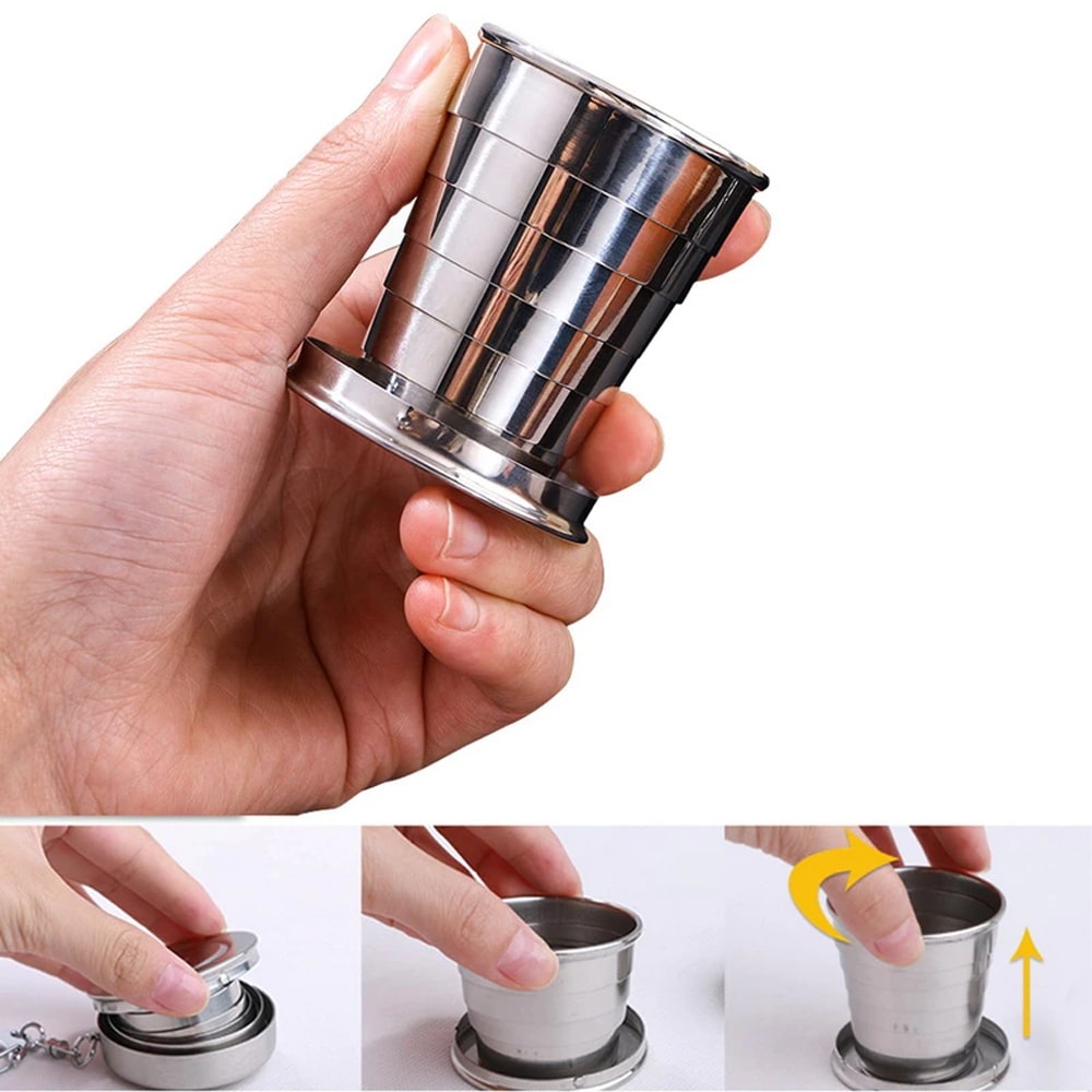 Stainless Steel Travel Folding Collapsible Cup With Keychain Lid