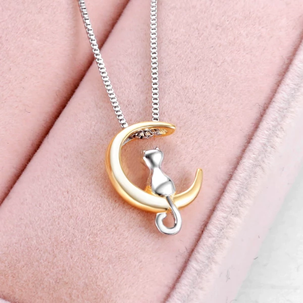 Cat & Moon Pendant Necklace Jewelry