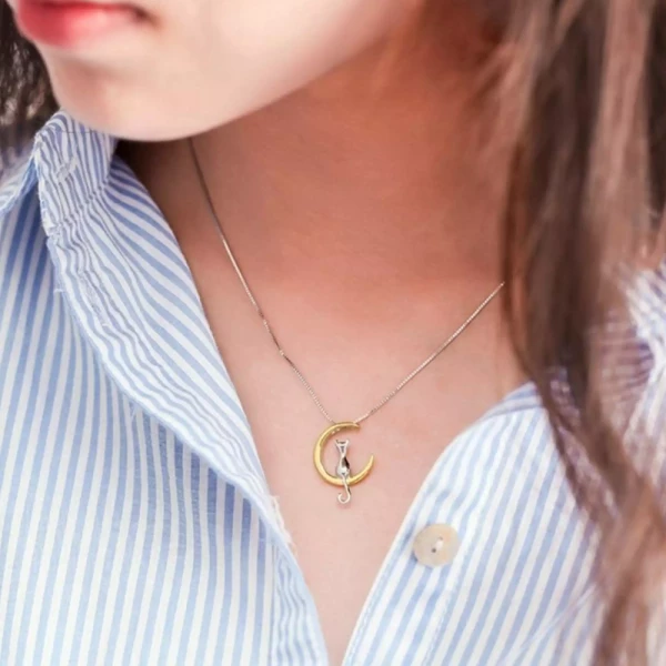 Cat & Moon Pendant Necklace Jewelry