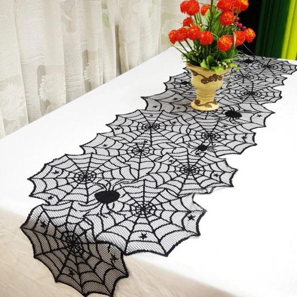 Black Lace Spiderweb Table Runner For Halloween