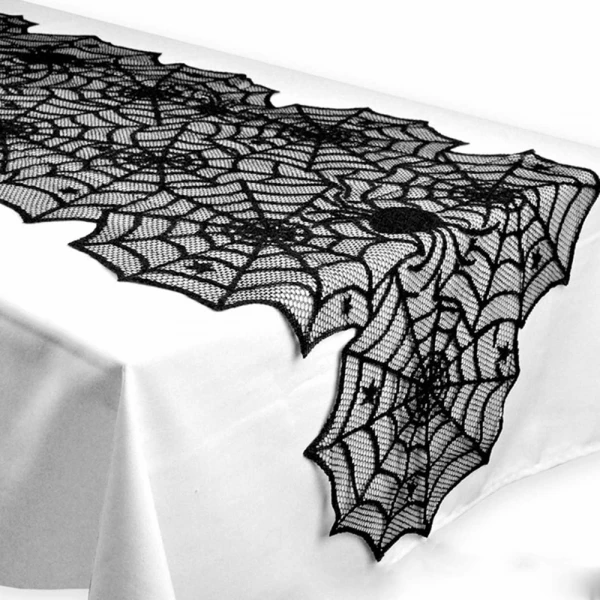 Black Lace Spiderweb Table Runner For Halloween