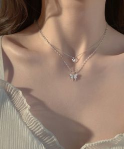 Double Layered Butterfly Necklace Silver Choker Chain