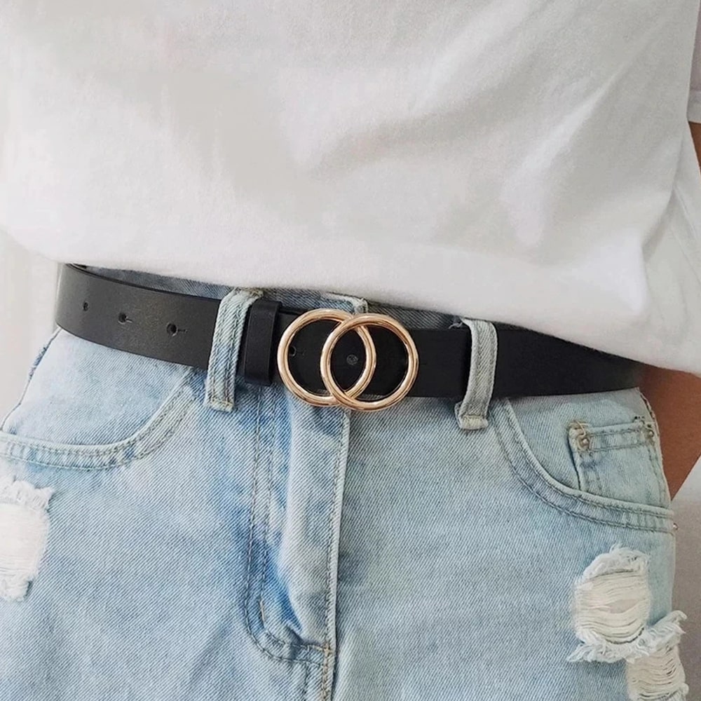 Unisex Double Circle Belt With Gold Buckle