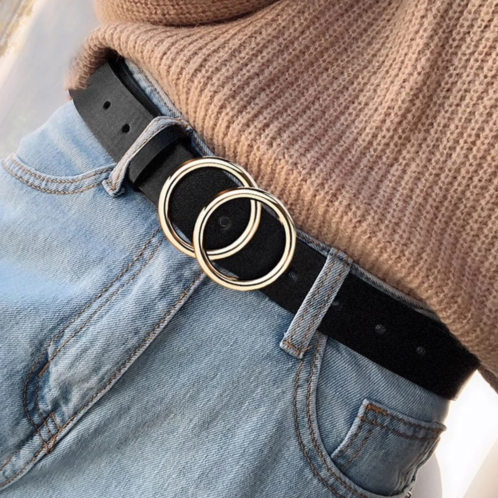 Unisex Double Circle Belt With Gold Buckle