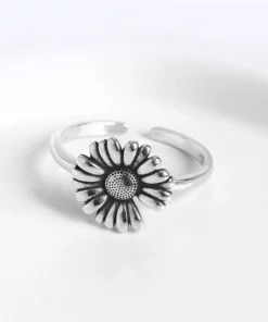 Antique Style Adjustable Silver Sunflower Ring