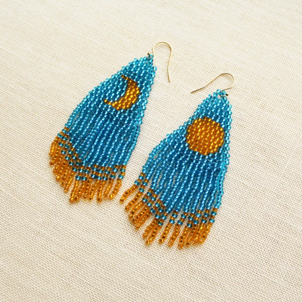 Beaded Earrings Moon Crescent Fringe