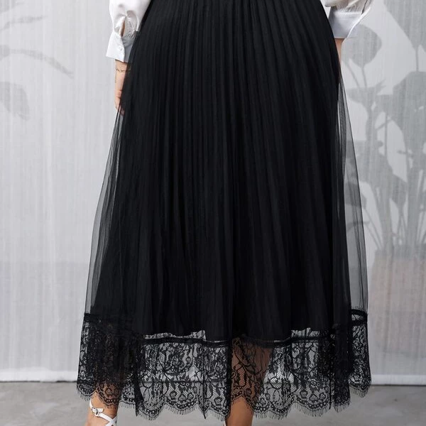 Plus Size Eyelash Lace High Waist Pleated Mesh Skirt