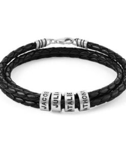 Men Braided Leather Bracelet with Small Custom Beads