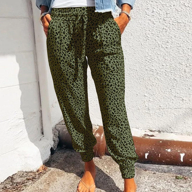 Women's Leopard Print Drawstring Casual Trousers