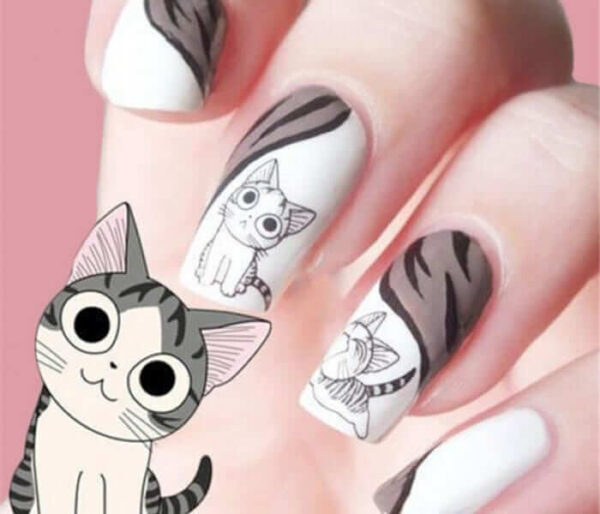 Grey Cat Nail Art