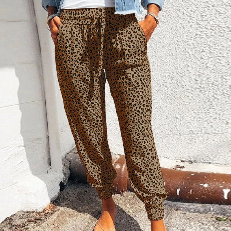 Women's Leopard Print Drawstring Casual Trousers