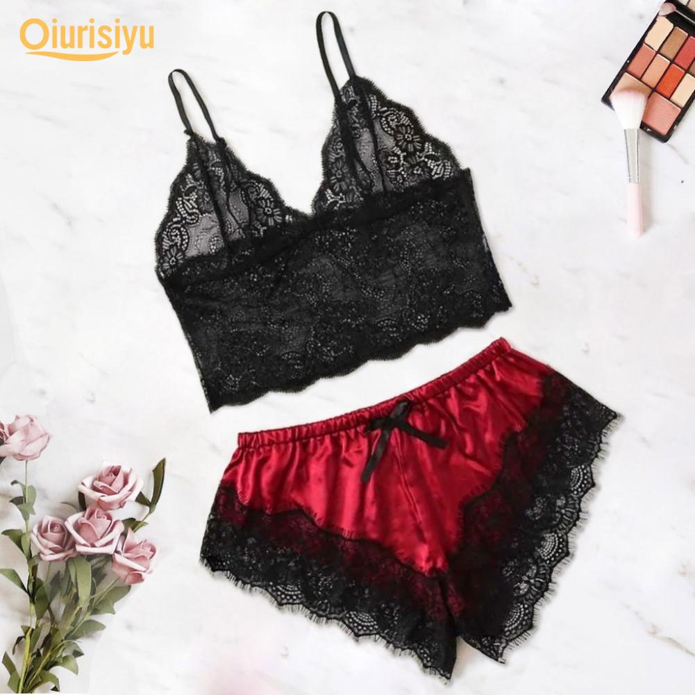 Women Sexy Lace See Through Sleepwear Set