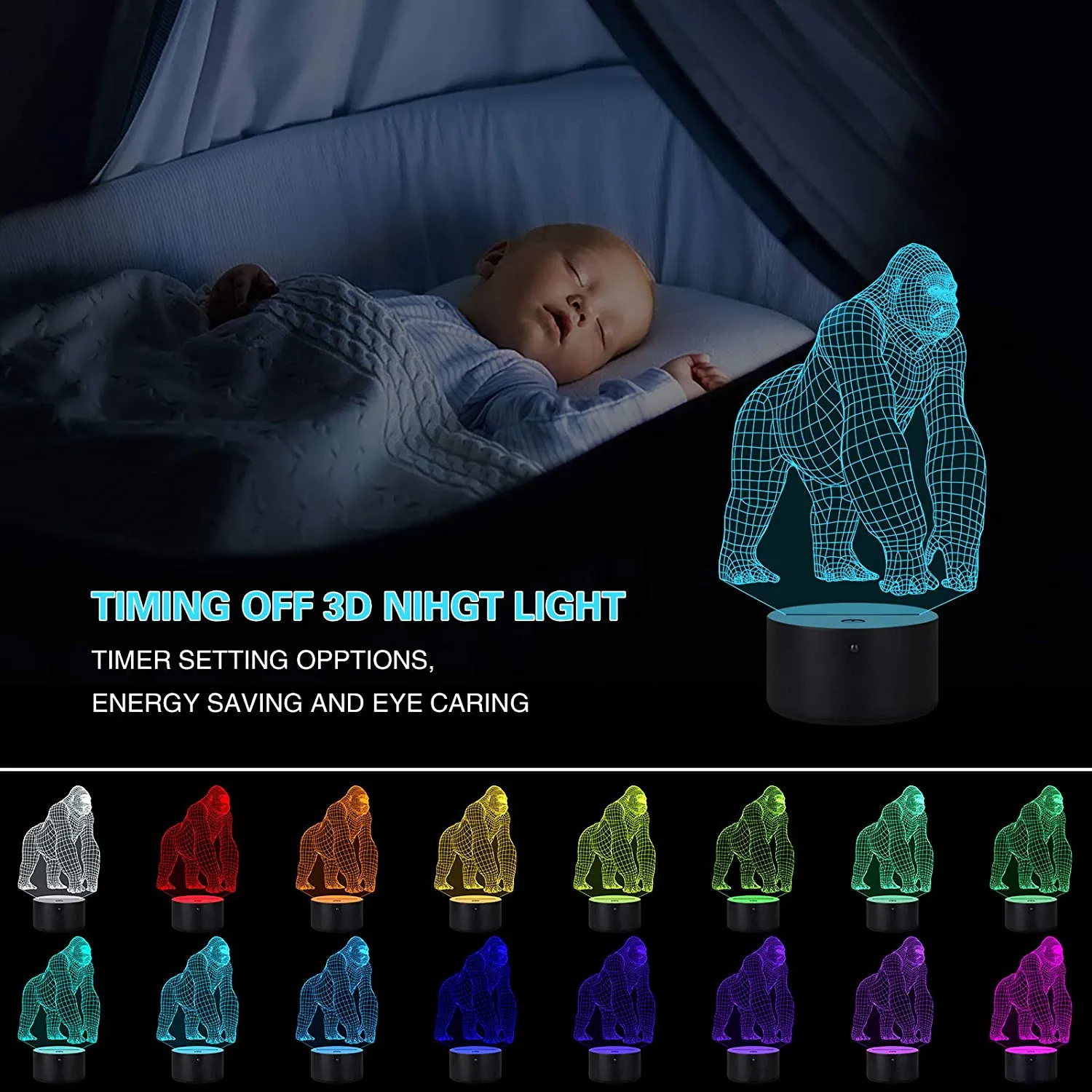 3D Illusion LED Gorilla Lamp With 7 Switchable Colors