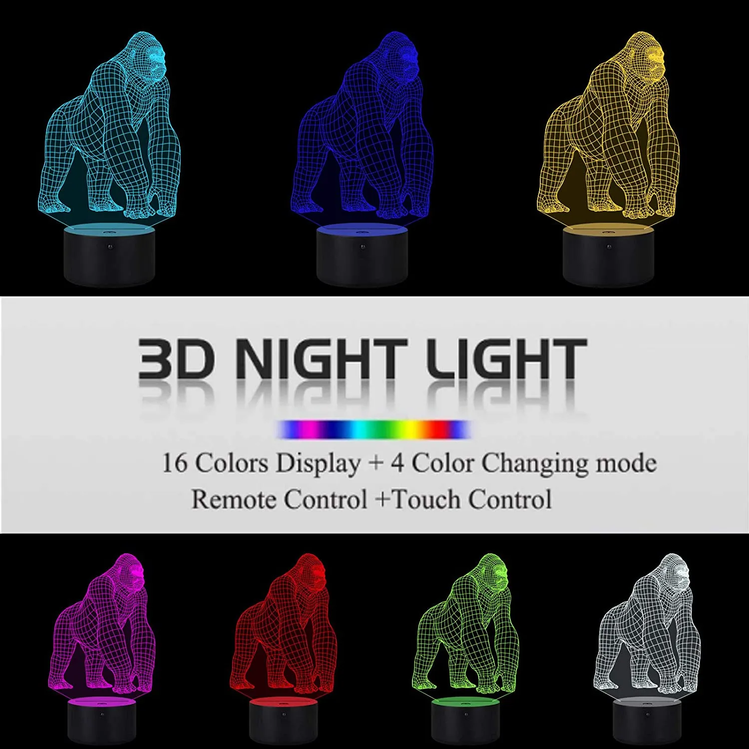 3D Illusion LED Gorilla Lamp With 7 Switchable Colors