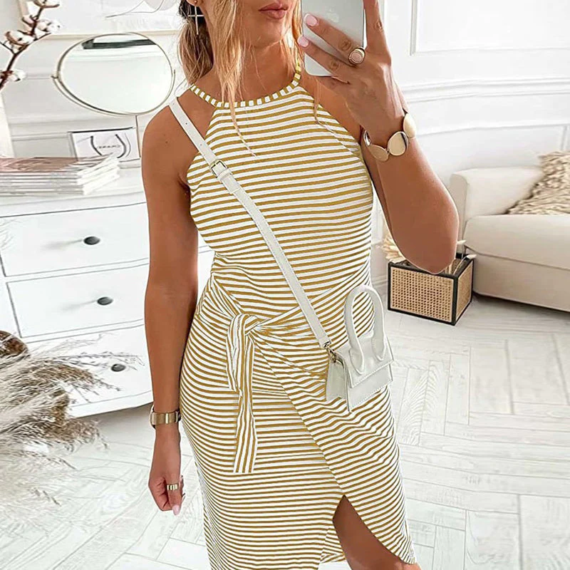 Casual Sleeveless Striped Midi Dresses