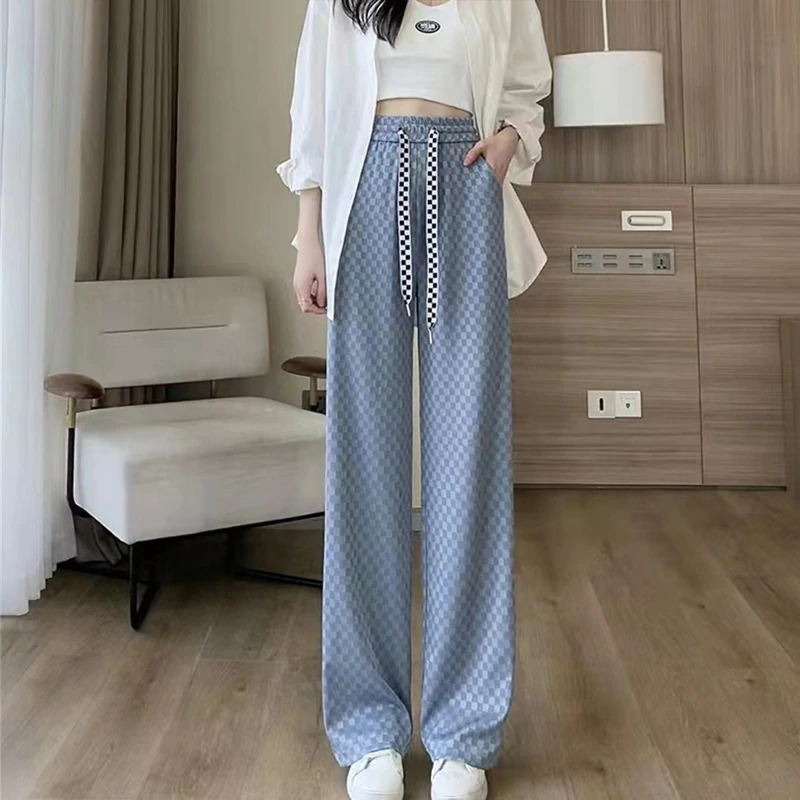 Ice Silk Checkered Wide Leg Pants