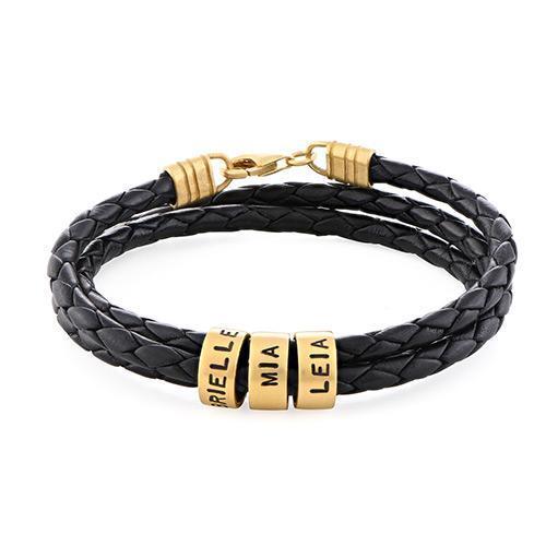 Men Braided Leather Bracelet with Small Custom Beads