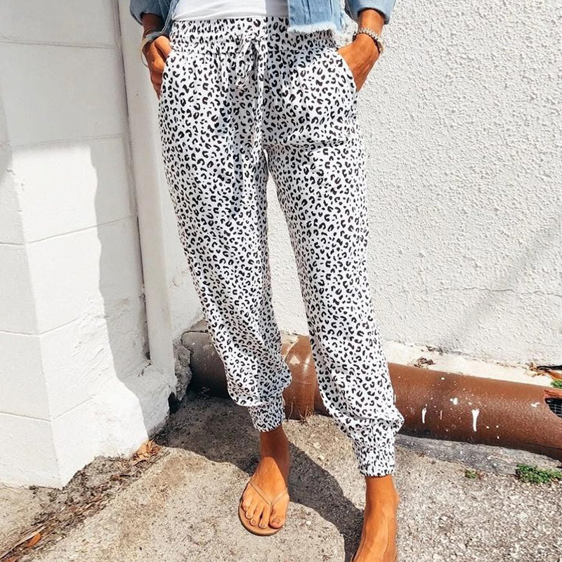 Women's Leopard Print Drawstring Casual Trousers