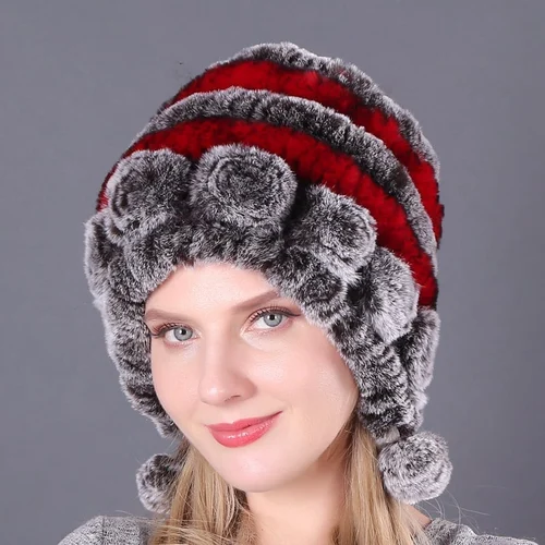 Lady Warm Flowers Striped Real Rex Rabbit Fur Hats