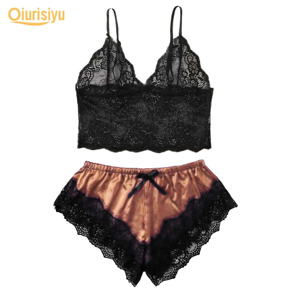 Women Sexy Lace See Through Sleepwear Set