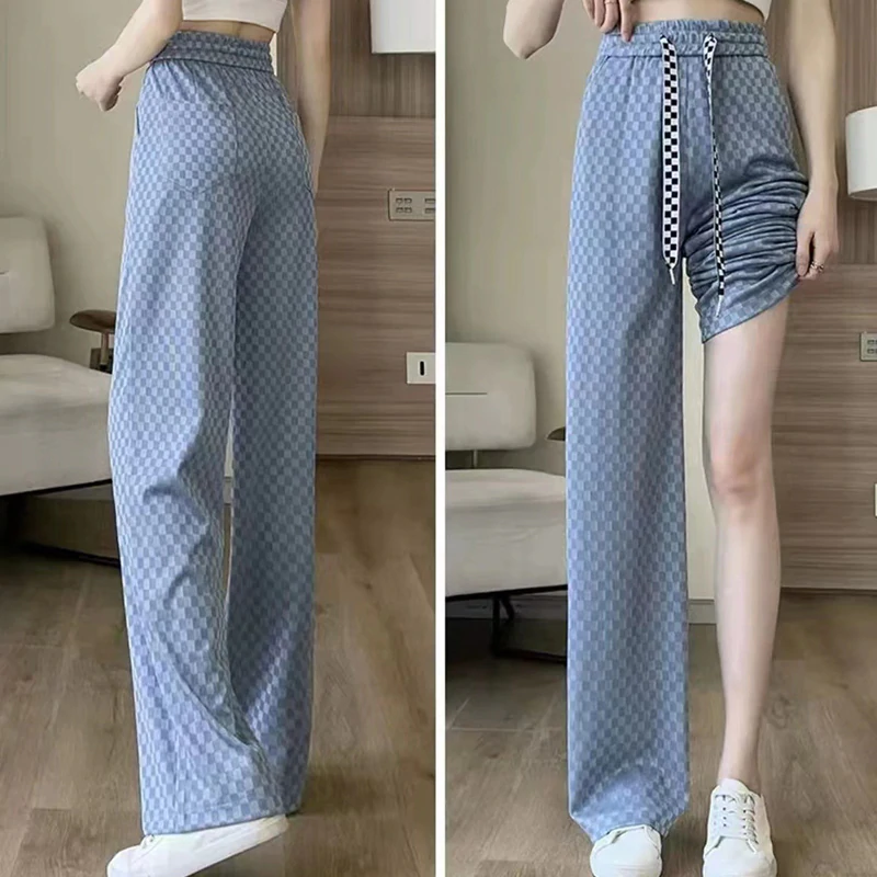 Ice Silk Checkered Wide Leg Pants