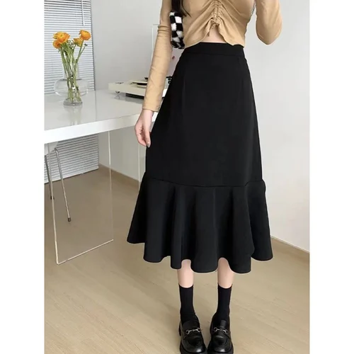 Black Mermaid Skirt  High Waist Slim  Autumn and Winter High Tube Medium Length A-Line Ruffles