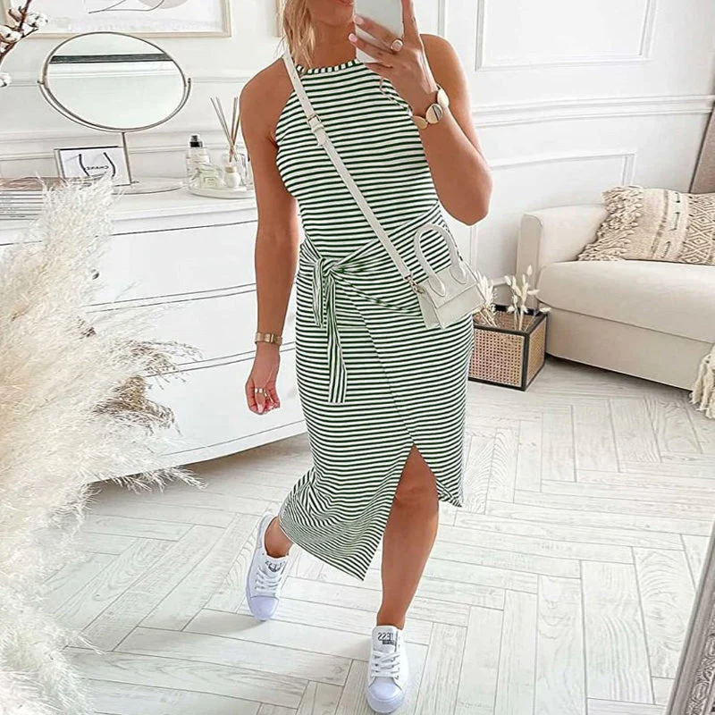 Casual Sleeveless Striped Midi Dresses