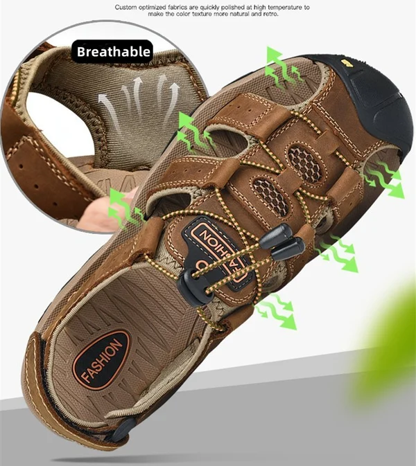 Men Anti-collision Toe Outdoor Slip Resistant Leather Hiking Sandals