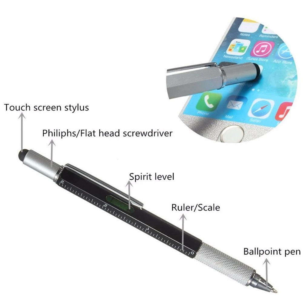 6 In 1 Multi-Functional Stylus Metal Ruler Pen with Level & Screwdriver