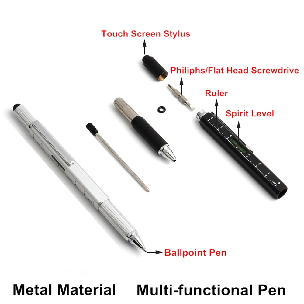 6 In 1 Multi-Functional Stylus Metal Ruler Pen with Level & Screwdriver