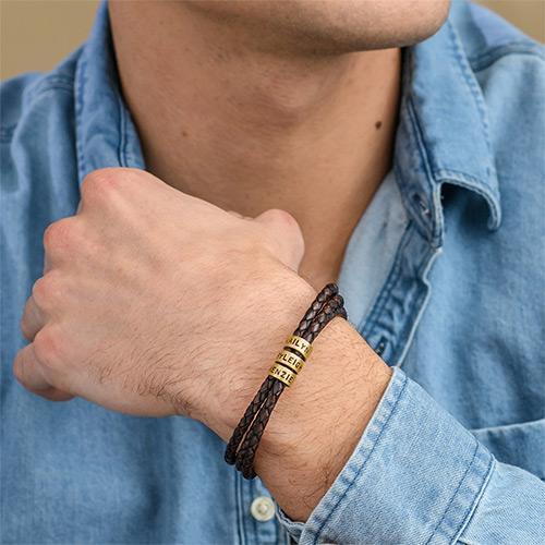 Men Braided Leather Bracelet with Small Custom Beads