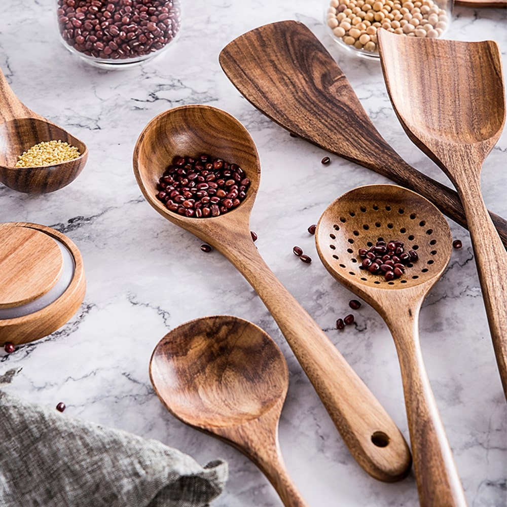 7 Piece Natural Teak Wood Spoons & Kitchen Utensils