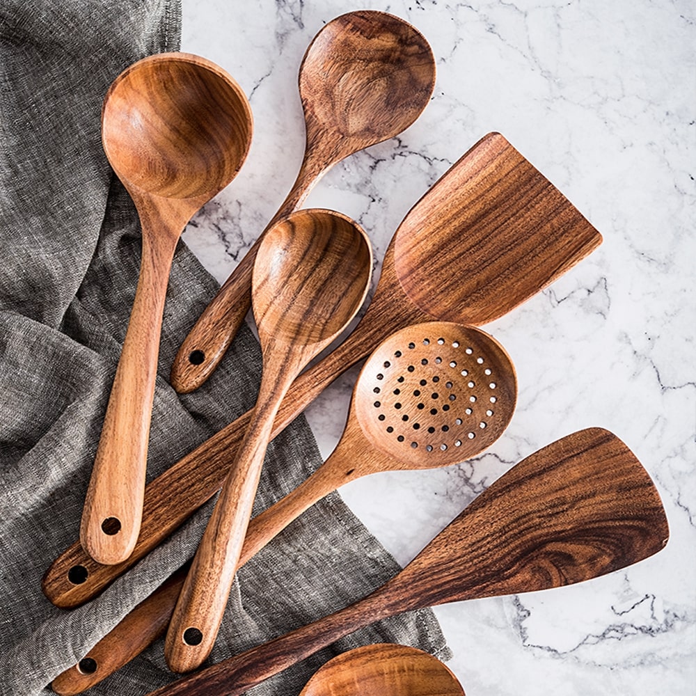 7 Piece Natural Teak Wood Spoons & Kitchen Utensils