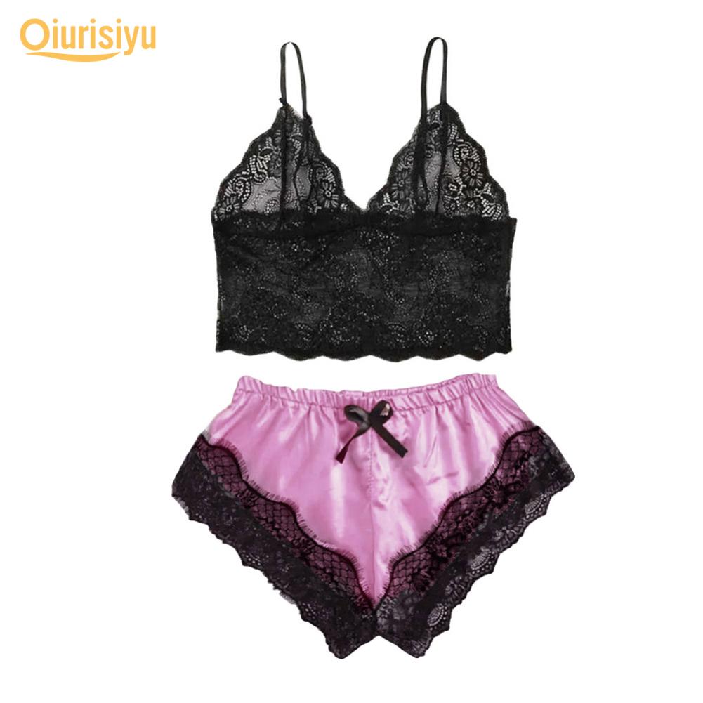 Women Sexy Lace See Through Sleepwear Set