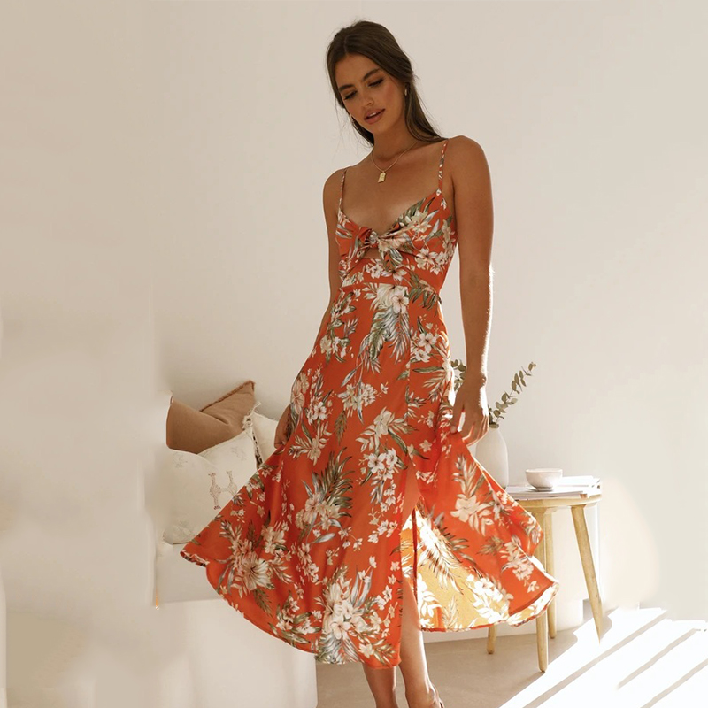 Satin Floral Split Midi Dress