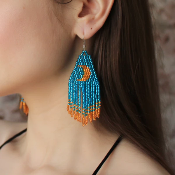 Beaded Earrings Moon Crescent Fringe