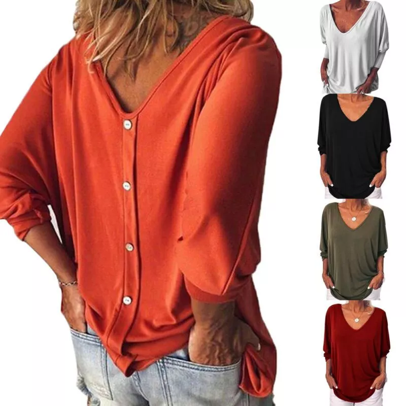 Button-Back Long Sleeve T Shirt