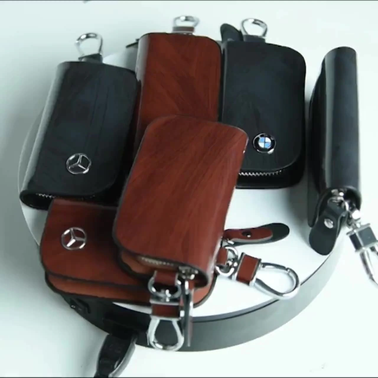 Car Logo Leather Wood Texture Car Key Case