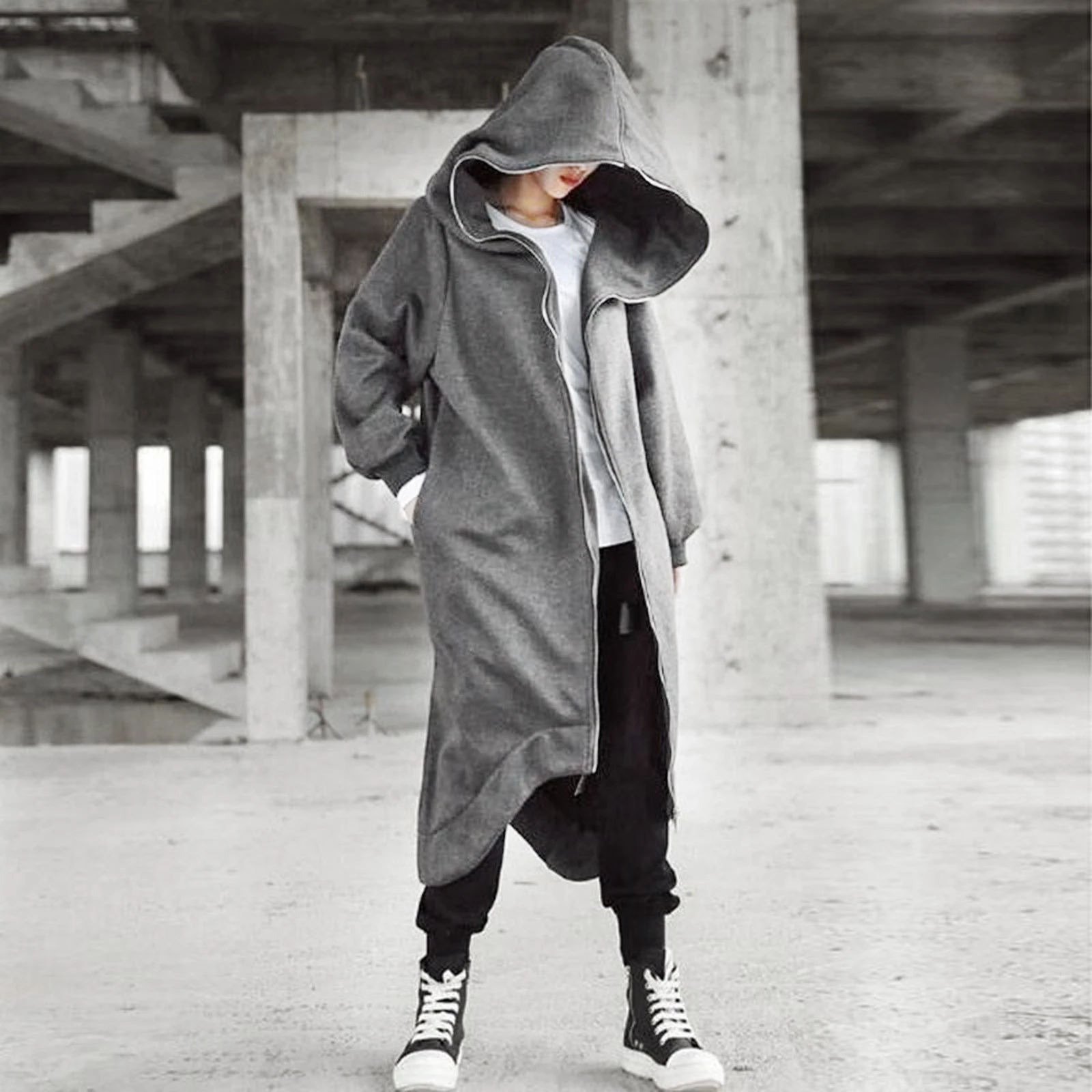 Unisex Long Sleeve Hooded Long Coat