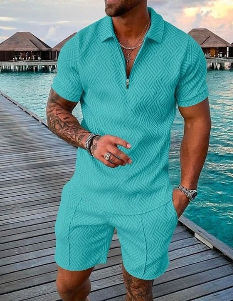 Men's Water Green Color Printed Polo Suit