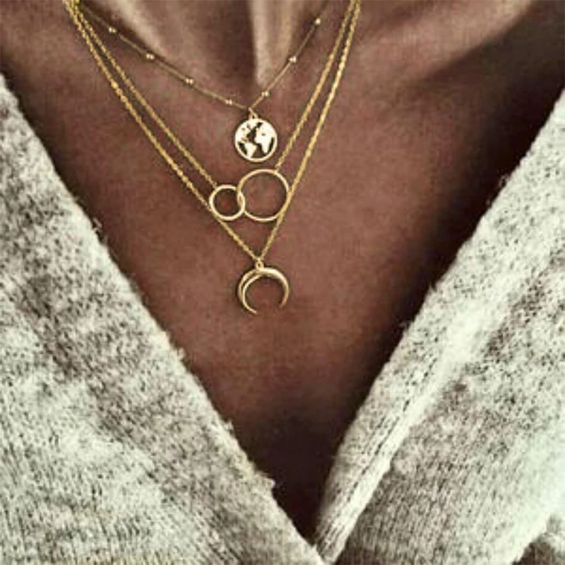 Fashionable Multilayer Boho Moon Map Necklace