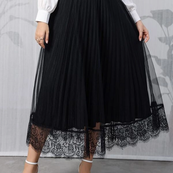 Plus Size Eyelash Lace High Waist Pleated Mesh Skirt