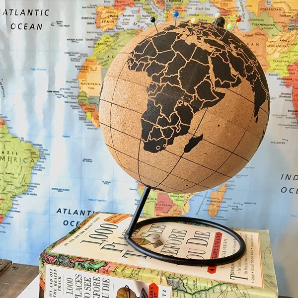 Small Travel Cork Globe With Pins, 15 cm Diameter