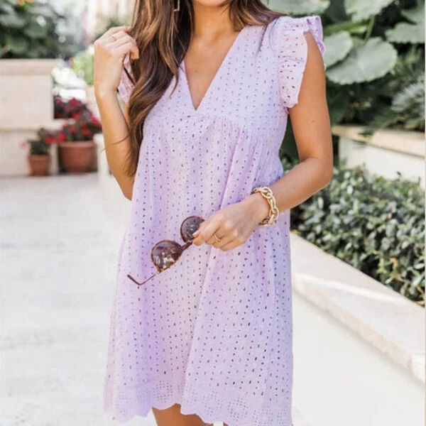 V-neck Summer Short Sleeve Lace Dress